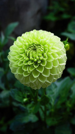 A close-up captures a spherical green dahlia flower in full bloom. The petals display a gradient of shades. The flower is set against a backdrop of dark green foliage. This image is suitable for various creative projects, including illustrations, backgrounds, and design elements.の素材