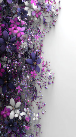 An elegant floral arrangement showcases an array of purple and white blossoms against a clean white backdrop. The composition features a delicate texture and soft lighting, emphasizing the freshness of the flowers. This image could be utilized for various commercial and editorial applications, offering a touch of natural beauty.の素材