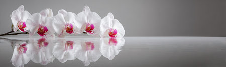 Delicate white orchid blossoms with vibrant red and pink centers are displayed against a soft gray background. The flowers are reflected on a glossy surface, enhancing the composition. The image evokes a sense of serenity and elegance and could be used for various commercial applications.の素材