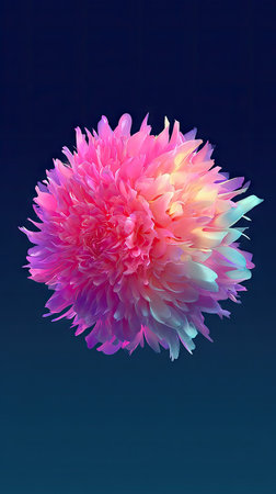 This image features a close-up of a multi-colored, textured flower with pink and yellow petals. The composition showcases the flower against a dark blue gradient backdrop. The style appears digitally created, possibly suitable for various commercial purposes. The overall effect is striking, emphasizing a soft, natural aesthetic.の素材