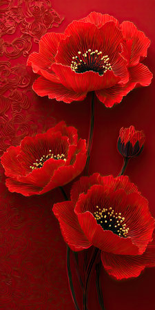 This image presents several bright red poppy flowers with their distinctive petals, set against a deep red backdrop. The composition features a close-up view, highlighting the textures and details of the blossoms. This photo could be used for decorative purposes, or in a range of commercial projects.の素材