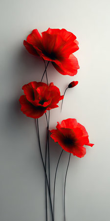 A vertical composition presents bright red poppy blossoms, their delicate petals contrasted against thin, dark stems. The studio lighting highlights the flowers' textures and color. This image could be suitable for various commercial applications, including decorative prints, illustrating articles, or graphic design projects.の素材