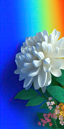 A close-up showcases a white flower with intricate petal details, alongside green foliage and small flowers. The composition is set against a graduated background of rainbow colors. This image is suitable for decorative purposes, illustrating natural beauty, or for use in various design projects.の素材