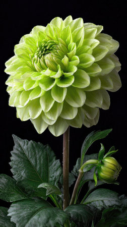 A detailed close-up showcases a vibrant green dahlia flower against a deep black backdrop. The image highlights the flower's layered petals, rich texture, and subtle color variations. This studio shot uses focused lighting to emphasize form and detail. Suitable for various commercial applications, including design and decorative projects.の素材