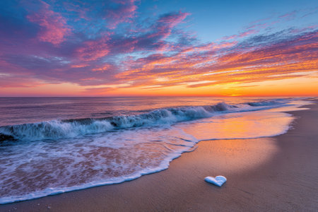 The image presents an ocean scene with a heart shape on the sand, illuminated by a stunning sunrise. Vivid colors of pink, orange, and yellow blend in the sky above the waves. The composition emphasizes the natural elements, offering a peaceful and serene environment. Suitable for various editorial and creative projects.の素材