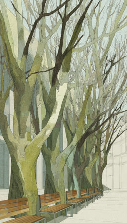This watercolor painting depicts a row of bare trees alongside a series of benches, likely situated outdoors during the winter season. The artwork showcases a blend of muted green, brown, and beige tones. This art piece might be suitable for editorial use, as well as serving as an artistic element in various design projects.の素材