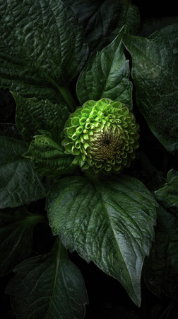 A close-up view showcases a flower bud with intricate details in varying shades of green. The central subject is surrounded by large, textured leaves, creating a rich, dark, and natural composition. The image suggests a tranquil environment and can be suitable for botanical, decorative, or artistic applications.の素材