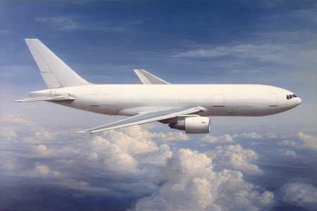 A white airplane flies through a vast blue sky filled with fluffy clouds. The aircraft's design features a streamlined body and wings. The composition highlights the plane against the backdrop of clouds, suggesting aerial travel or commercial use. The image can be used in various projects.の素材