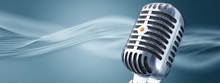 A close-up captures a classic silver microphone against a flowing blue and white backdrop. The image showcases textures with a focus on the metallic detail of the microphone. This could be suitable for presentations, online content, or promotional materials related to audio recording, broadcasting, or the arts.の素材