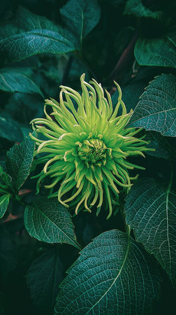 A close-up view showcases a radiant green dahlia blossom, its petals intricately detailed. Deep green foliage forms a lush background, with contrasting textures and shadows. The composition is focused, with natural lighting emphasizing the flower's form, suitable for various design and editorial uses.の素材