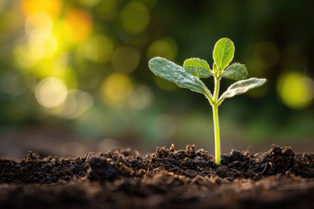 A small green plant sprouts from dark soil, illuminated by sunlight. The composition highlights the plant's fresh leaves and delicate stem, set against a blurred, out-of-focus backdrop. The image evokes growth and environmental themes, suitable for illustrating concepts related to nature and sustainability.の素材