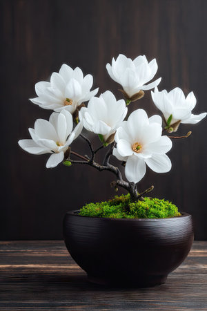 A collection of white magnolia flowers blooms from a dark, decorative ceramic pot. The arrangement features delicate petals and a close-up perspective. The background has a solid, dark color, and the scene is set on a wooden surface, which could be used for various commercial projects.の素材