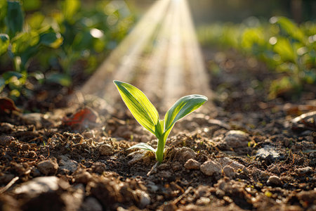 A small, vibrant green plant emerges from the soil, illuminated by a bright beam of sunlight. The close-up composition highlights the plant's delicate leaves and the texture of the surrounding earth. The scene suggests a natural outdoor environment with warm lighting, suitable for various commercial and editorial uses.の素材