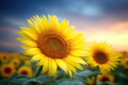 Close-up captures of sunflowers in full bloom, showcasing bright yellow petals and textured brown centers. The composition highlights the flowers against a blurred backdrop of similar plants. The scene is illuminated by sunlight, with a gradient sky. Ideal for use in articles about nature, agriculture, and visual design.の素材