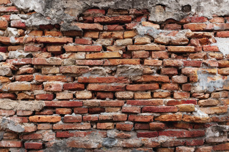 This image presents a close-up view of an old brick wall, showcasing a rough and weathered texture. The composition highlights the aged red and orange bricks, interspersed with patches of gray mortar. It features a close-up perspective, ideal for various commercial and editorial applications related to design and construction.の素材