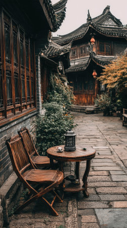 Two wooden chairs sit near a round table with a lantern and tea set in an outdoor area. The image features a historic building with traditional architecture and decorative elements. The scene is well-lit with a soft, natural style, suggesting potential use in travel, tourism, and architectural design projects.の素材