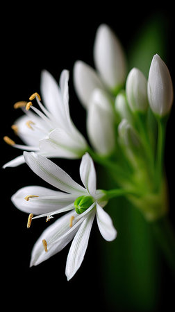 A close-up reveals pristine white flowers with delicate petals, set against a stark black backdrop. The composition emphasizes the blooms and their textures, enhanced by soft lighting. The image is suitable for various commercial applications, including marketing, web design, and illustrative content.の素材