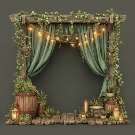 An ornate wooden archway frames green curtains, adorned with decorative string lights. Lush foliage and potted plants embellish the structure. The composition features warm lighting against a neutral backdrop. Suitable for design projects, the image offers versatility for various creative applications.の素材
