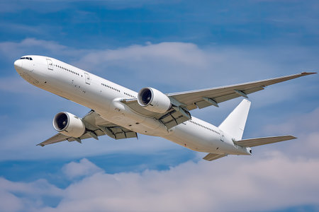 A white commercial airliner ascends against a clear blue sky dotted with clouds. The aircraft exhibits a clean, modern design, with visible engines and wings. The composition features a low-angle perspective, and the lighting suggests daytime. This image is suitable for various commercial and editorial applications.の素材