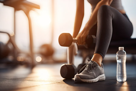A woman is seen resting after a workout session, seated with a dumbbell in hand. The image showcases a modern fitness environment, with sunlight streaming in. The composition emphasizes health, fitness, and lifestyle. Suitable for a wide range of commercial projects, highlighting exercise and well-being.の素材