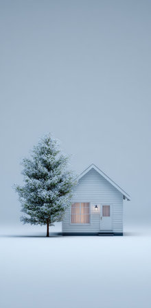 An illustration portrays a small white house nestled beside a snow-covered evergreen tree. The scene evokes a winter environment, with a bright light emanating from the house windows. The overall composition presents a minimalist aesthetic, potentially suitable for various visual communication projects. The image can be used in editorial and commercial contexts.の素材