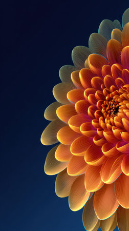 An artistic composition presents a close-up view of a flower, showcasing its layered petals in shades of orange and yellow. The dark blue backdrop enhances the flower's colors, creating a contrast. This image, characterized by its soft lighting and detailed texture, could be suitable for various design projects and editorial applications.の素材