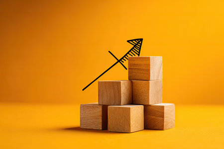 A conceptual composition features a stack of wooden blocks with an upward-pointing arrow overlay. The warm orange background contrasts the neutral tones of the blocks. The image uses overhead lighting, potentially for use in business presentations or articles related to growth and success.の素材
