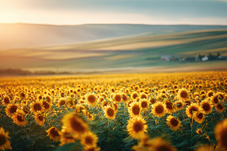 A vast field of blooming sunflowers basks in warm sunlight, creating a bright and cheerful scene. The composition showcases the flowers in focus with blurred distant hills, and the sky. This image evokes a sense of peace and natural beauty, suitable for a variety of visual projects.の素材