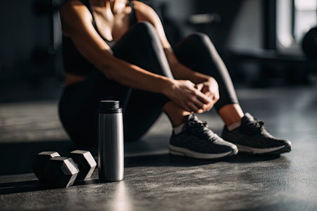 A woman sits on the floor beside a water bottle and weights following a workout. The image features a dark aesthetic with soft lighting, emphasizing textures. The composition focuses on details in the athletic attire and equipment. This visual is suitable for health and fitness content, also for commercial or lifestyle projects.の素材