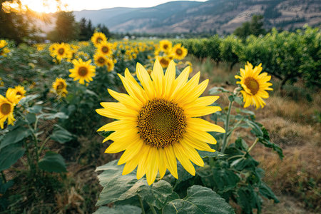 Sunflowers in full bloom dominate the foreground with a lush field and mountain range. The scene displays rich yellows and greens under natural light. The composition is a daytime outdoor setting with possible applications in agricultural, nature, or environmental themes.の素材