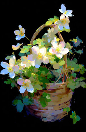 A detailed watercolor painting portrays a basket filled with white flowers and green foliage. The image features a soft, diffused light with a dark background, creating a contrast between the bright blooms and the shadows. This artwork could be used for decorative purposes, design projects, or editorial illustrations.の素材