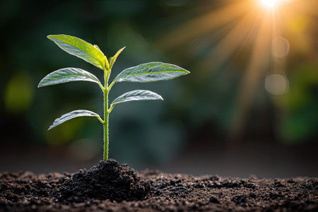 A close-up shot depicts a young plant emerging from dark soil, showcasing vibrant green leaves. Overhead sunlight bathes the scene, casting a warm glow. The natural setting hints at growth and renewal, suitable for illustrating themes of ecology and environmental conservation, perfect for various commercial applications.の素材