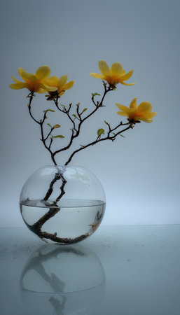 A minimalist composition features bright yellow flowers in a clear glass vase. The flowers, with their delicate petals, are set against a smooth, neutral background. The image showcases soft lighting, highlighting the textures of the glass and flowers. Suitable for various editorial or commercial applications, this image offers a clean and elegant aesthetic.の素材