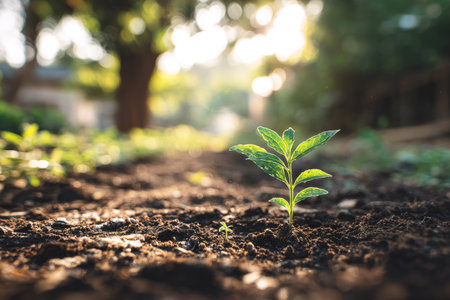 A small, green plant emerges from the dark, textured soil. The scene features a blurred background with hints of trees and sunlight. The composition uses a shallow depth of field, highlighting the plant. Suitable for illustrating growth, ecology, and environmental themes in various media.の素材