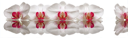A close-up shot showcases white orchid blossoms with striking red and pink centers, creating a visually appealing contrast against a white backdrop. The image highlights the flowers' delicate petals and natural reflections. It is well-suited for various editorial and commercial applications such as design, marketing, or decorative purposes.の素材
