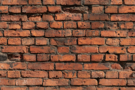 This image showcases a close-up of an old brick wall. The composition displays a variety of red and brown bricks, arranged in a typical pattern. The texture reveals weathering, indicating age. This image could be used as a background element for various design projects and editorial content.の素材