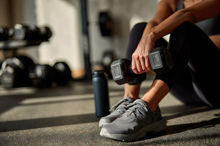 A woman is pictured in a well-lit indoor setting, gripping a dumbbell. The composition highlights her legs and arms, showing the action of exercise. The color palette is neutral, with varying shades of gray and hints of black. It could be used in commercial contexts related to fitness and wellness.の素材