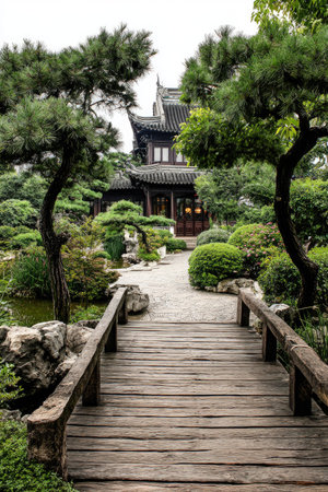 A wooden bridge spans a serene pond, leading to a traditional building with dark roofing. Surrounding the structure is a meticulously maintained garden with various green plants and trees. The composition features natural lighting and a sense of tranquility, suitable for architectural or travel-related content.の素材