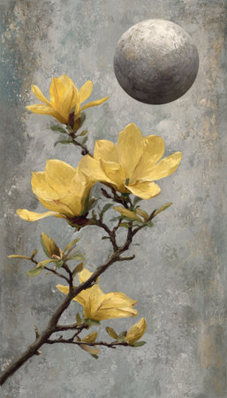 A yellow magnolia branch with open blossoms is captured against a blurred, textured background. A large, spherical object, possibly the moon, floats above the floral arrangement. The image features soft lighting, a muted color palette, and a focus on natural elements. Suitable for various commercial and editorial projects.の素材