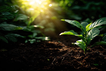 A small green plant grows from the soil, reaching towards bright sunlight. The image shows a close-up of the plant with details of the soil and leaves. The lighting is warm and creates a sense of growth and life. This image could be used for various editorial or commercial applications.の素材