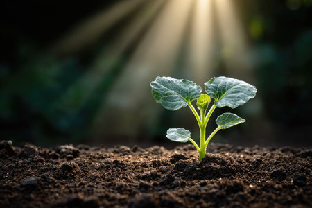 A small plant with green leaves emerges from dark soil. The image features overhead lighting, suggesting a daytime setting. Rays of sunlight illuminate the plant, highlighting its texture. This image could be used for educational materials or commercial projects related to nature and growth.の素材