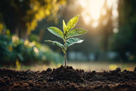 A small plant sprouts from the dark soil, reaching towards the warm sunlight. The image shows a close-up of the plant's green leaves. The composition features a soft focus background of trees and natural light, possibly suitable for environmental or educational purposes.の素材