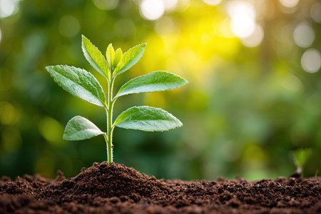 A small plant with vibrant green leaves is shown emerging from dark soil. The image features a shallow depth of field, with the foreground plant in sharp focus. The background is a soft blur of green and yellow, suggesting sunlight. Suitable for use in projects related to nature, growth, or environmental themes.の素材