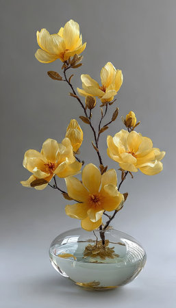 A close-up showcases delicate yellow magnolia flowers in a clear glass vase. The composition features a soft, diffused lighting against a neutral backdrop. This elegant arrangement could be suitable for various commercial applications, including design projects and decorative purposes.の素材