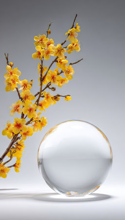 A composition features yellow flowers blooming on a branch, positioned next to a clear, transparent sphere. The image displays a clean, uncluttered arrangement with diffused lighting. Suitable for conceptual visuals, the design could be adapted for commercial or artistic projects requiring visual storytelling.の素材