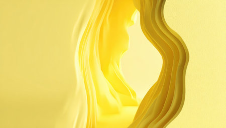 An abstract composition features flowing golden shapes against a yellow backdrop. The image displays smooth, undulating forms with variations in tone and highlights, suggestive of movement. This visual style lends itself to applications in advertising, web design, and other creative commercial projects.の素材