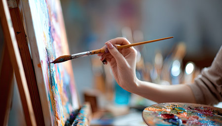 An artist is depicted painting on a canvas with a brush, creating artwork. The image showcases a close-up of a hand holding a paintbrush, blending colors on the canvas. The scene is bathed in soft light, and the palette contains numerous vibrant hues. Suitable for illustrating artistic endeavors or creative processes.の素材