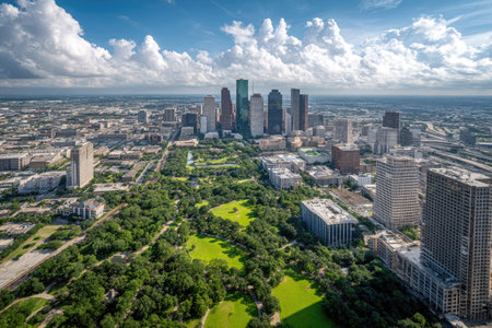 An expansive aerial view reveals a modern cityscape with multiple high-rise structures. A large green park occupies a central position, contrasting with the concrete and glass buildings. The composition features a sunny day with scattered clouds in a panoramic format. This image is suitable for illustrating urban development and environmental themes.の素材