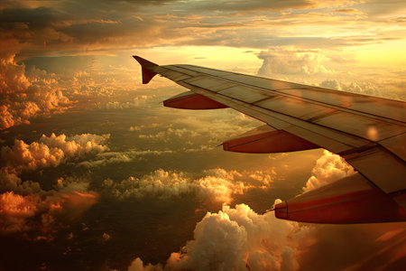 An airplane wing slices through a cloudscape at sunset. The warm light bathes the scene with golden hues, creating a dramatic contrast with the darker clouds below. The composition features a high-angle perspective. This image is suitable for travel, aviation, and conceptual themes.の素材