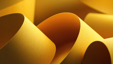 This image presents a close-up view of flowing, golden paper. The texture exhibits smooth surfaces and graceful curves, with gradients creating depth and volume. The lighting emphasizes the three-dimensional form against a warm backdrop. Suitable for various commercial and editorial applications, providing a sense of elegance and movement.の素材